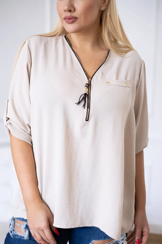 Damskie Włoski Beżowa Bluzka z rozsuwanym dekoltem MERXIO