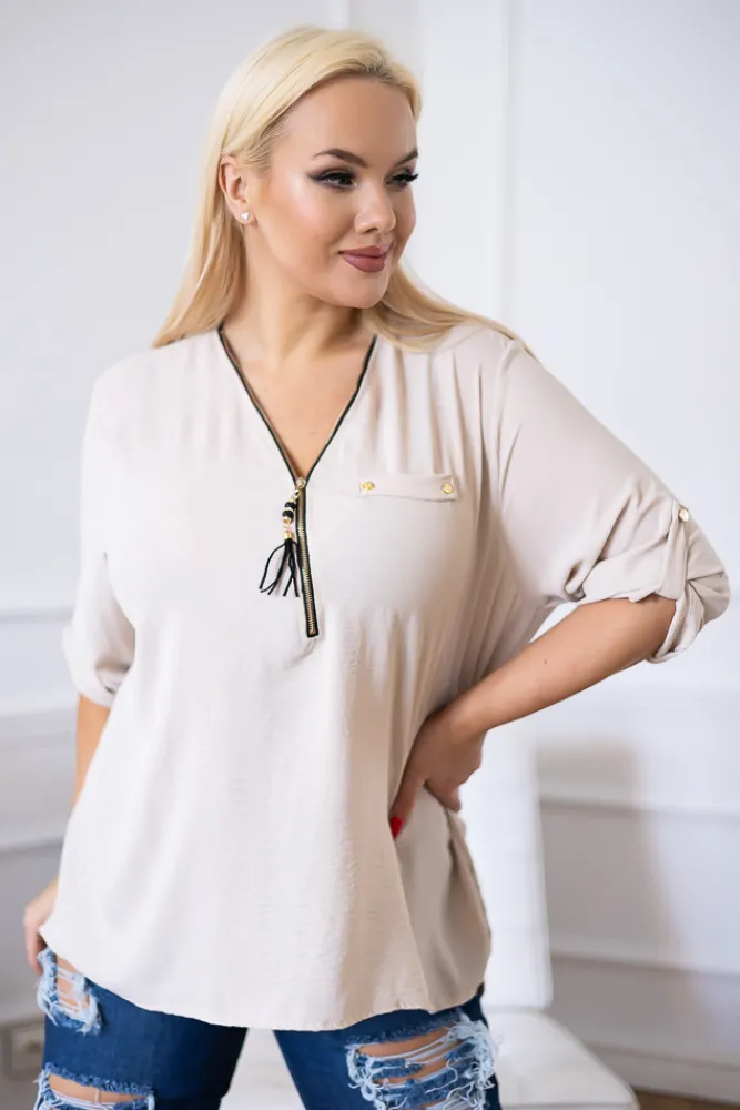 Damskie Włoski Beżowa Bluzka z rozsuwanym dekoltem MERXIO