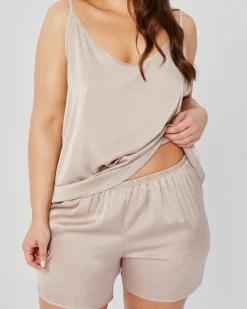 Polski Beżowa Piżama satynowa z szortami PELOZI