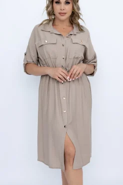 Włoski Beżowa Sukienka szmizjerka SAFERI