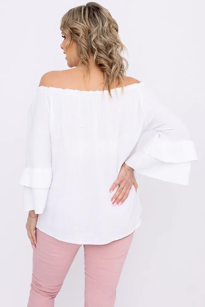 Damskie Włoski Biała Bluzka z falbanami PARFI