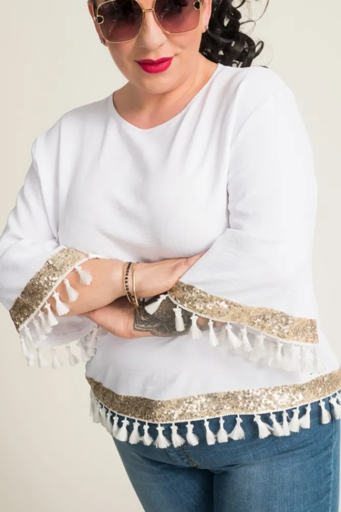 Damskie Polski Biała Bluzka z frędzelkami GARMINA