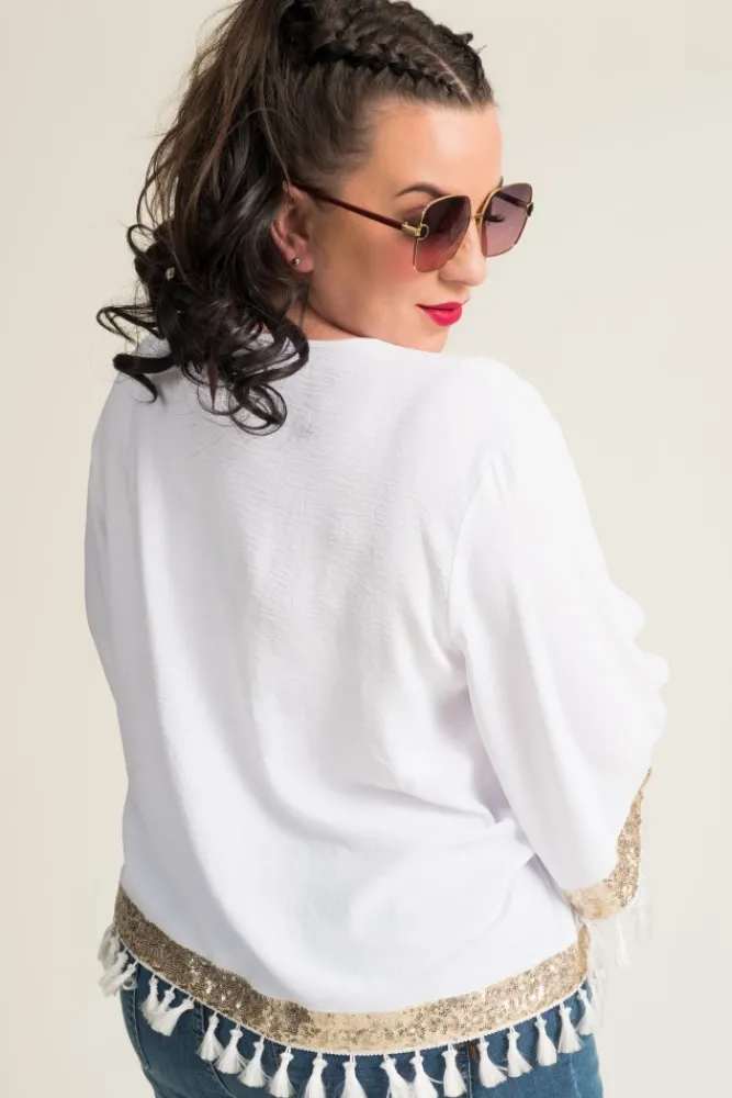 Damskie Polski Biała Bluzka z frędzelkami GARMINA