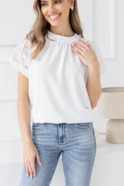 Damskie Włoski Biała Bluzka z koronkowymi rękawami BELOXI