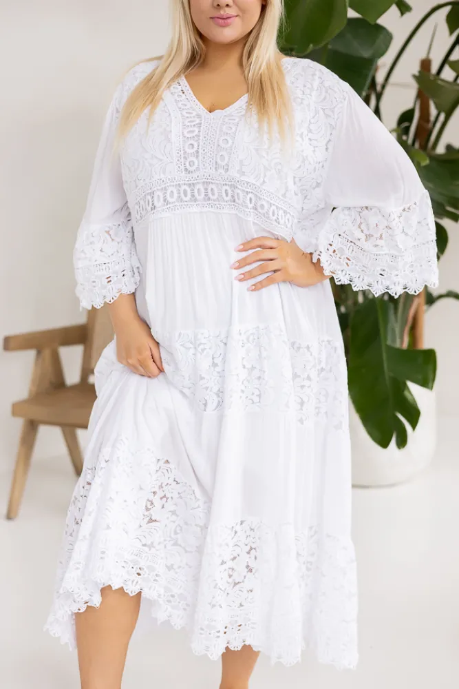 Włoski Biała Sukienka koronkowa GASPI