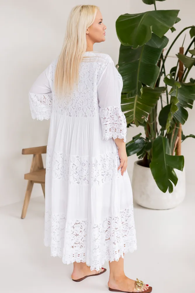 Włoski Biała Sukienka koronkowa GASPI