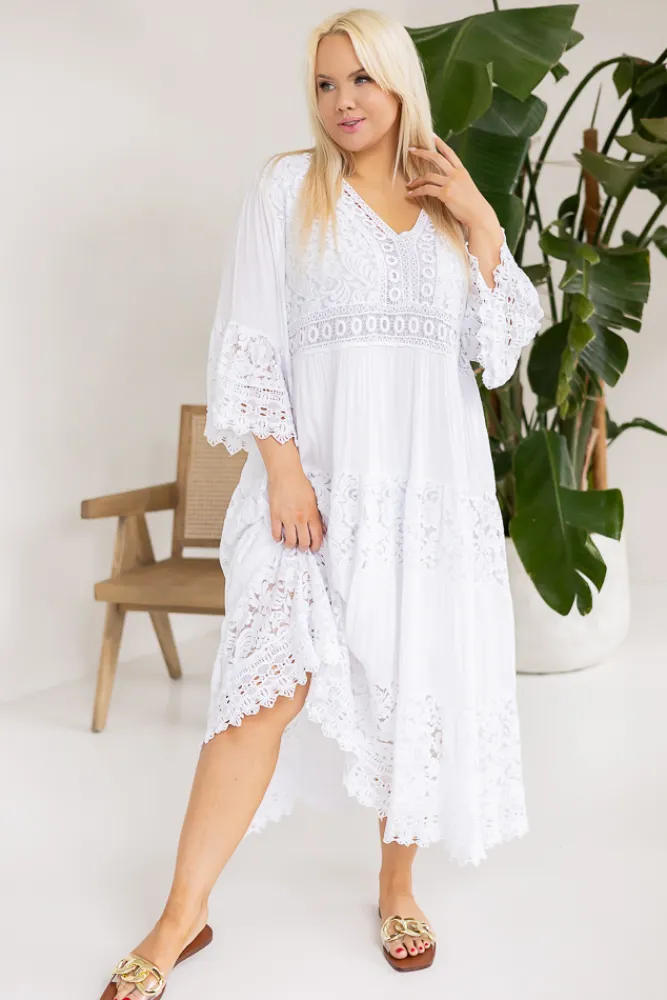 Włoski Biała Sukienka koronkowa GASPI
