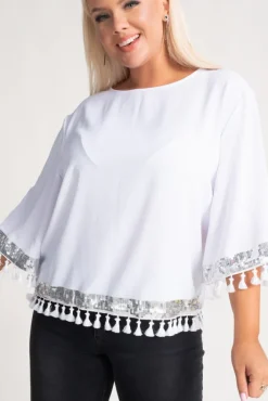 Damskie Polski Biało-srebrna Bluzka z frędzelkami GARMINA