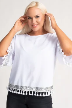 Damskie Polski Biało-srebrna Bluzka z frędzelkami GARMINA