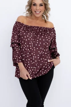 Damskie Włoski Bordowa Bluzka z marszczonymi rękawami HENDI Wzór 1