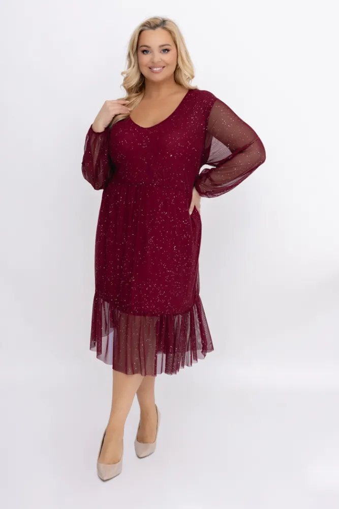 Włoski Bordowa błyszcząca Sukienka siateczkowa ORUZI Wzór 1