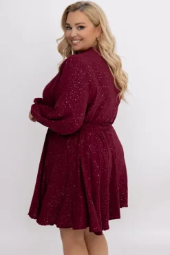 Włoski Bordowa błyszcząca Sukienka z paskiem RESTORI