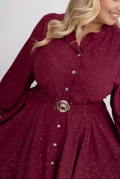 Włoski Bordowa błyszcząca Sukienka z paskiem RESTORI