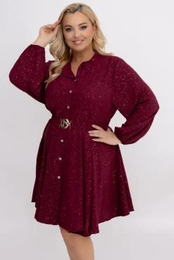 Włoski Bordowa błyszcząca Sukienka z paskiem RESTORI