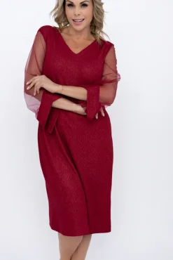 Polski Bordowa Sukienka błyszcząca z prześwitującymi rękawami MORTINO