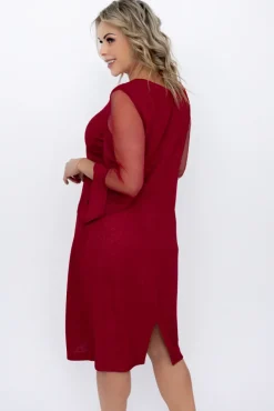 Polski Bordowa Sukienka błyszcząca z prześwitującymi rękawami MORTINO