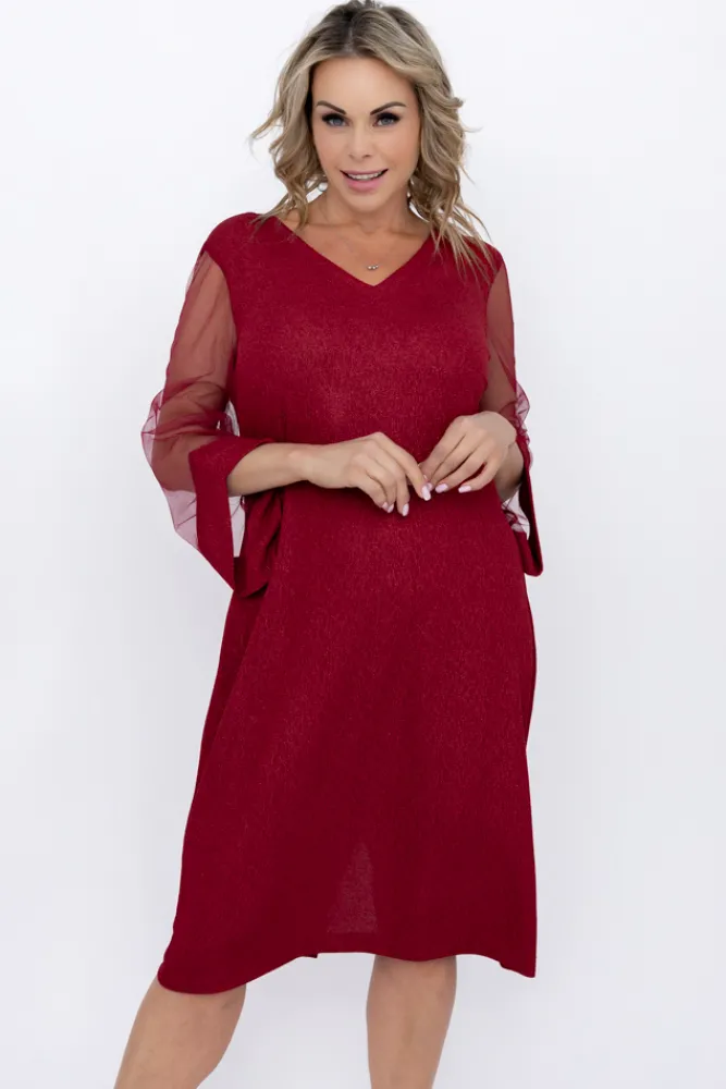Polski Bordowa Sukienka błyszcząca z prześwitującymi rękawami MORTINO