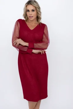 Polski Bordowa Sukienka błyszcząca z prześwitującymi rękawami FENTI