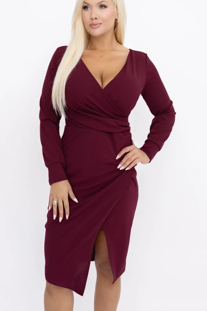 Włoski Bordowa Sukienka kopertowa NEPIA