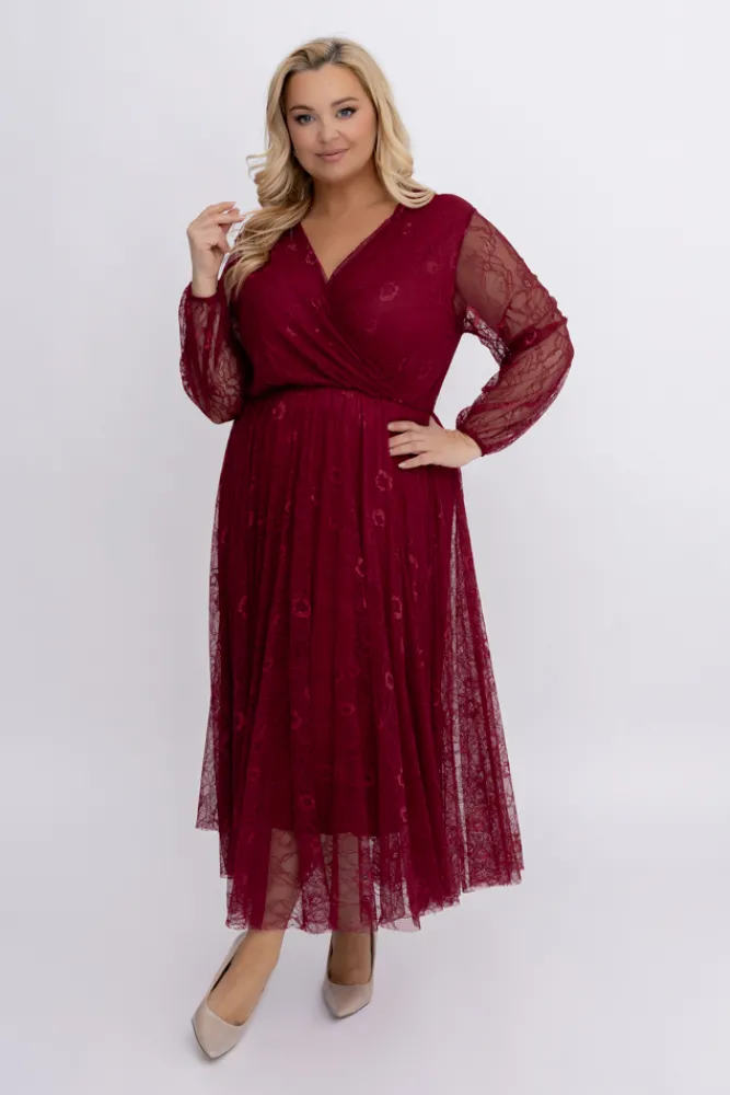 Włoski Bordowa Sukienka koronkowa RITORI