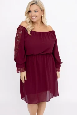 Włoski Bordowa Sukienka szyfonowa z koronkowymi rękawami LEMINERO