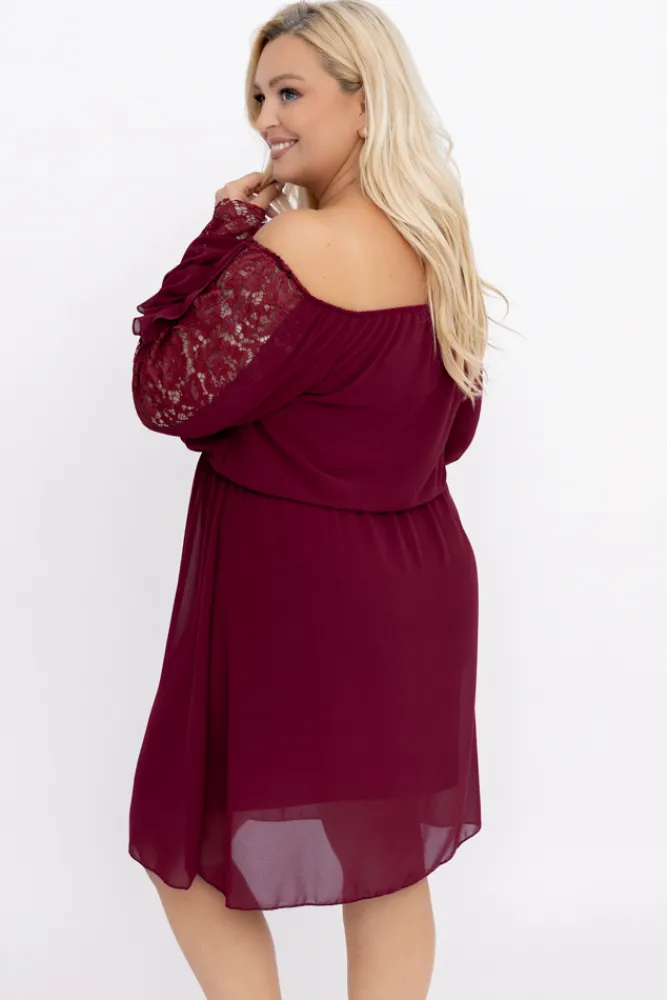 Włoski Bordowa Sukienka szyfonowa z koronkowymi rękawami LEMINERO