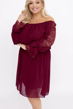 Włoski Bordowa Sukienka szyfonowa z koronkowymi rękawami LEMINERO