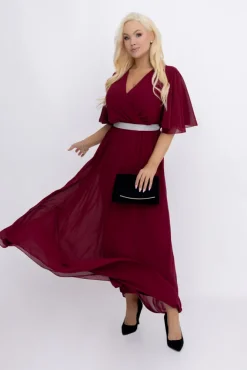 Włoski Bordowa Sukienka szyfonowa z paskiem EGELI