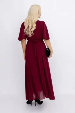 Włoski Bordowa Sukienka szyfonowa z paskiem EGELI