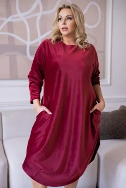 Polski Bordowa Sukienka welurowa TAGIO