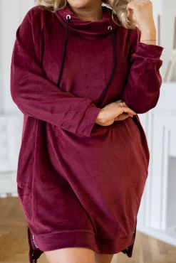 Polski Bordowa Sukienka welurowa PERIO