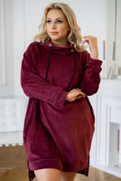 Polski Bordowa Sukienka welurowa PERIO