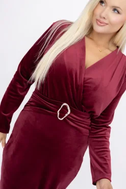 Włoski Bordowa Sukienka welurowa SERENO