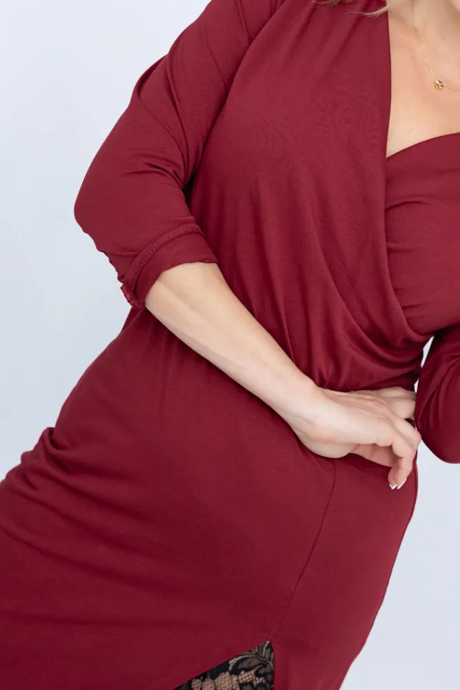 Włoski Bordowa Sukienka z koronką AMELIEN