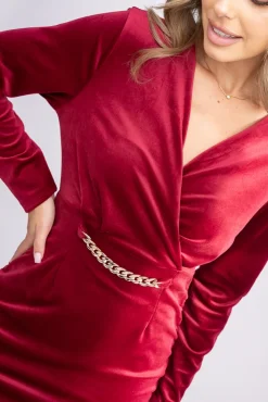 Włoski Bordowa Sukienka z marszczeniem FAVI