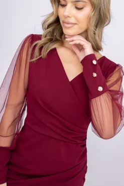 Włoski Bordowa Sukienka z prześwitującymi rękawami KENVIRIO