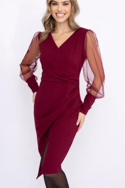 Włoski Bordowa Sukienka z prześwitującymi rękawami KENVIRIO