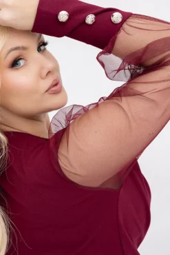 Włoski Bordowa Sukienka z przezroczystymi rękawami GERGIO