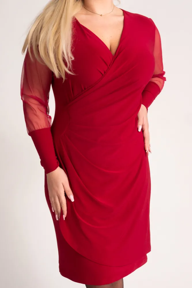 Polski Bordowa Sukienka z przezroczystymi rękawami MESIGO