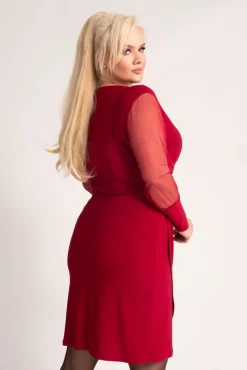 Polski Bordowa Sukienka z przezroczystymi rękawami MESIGO