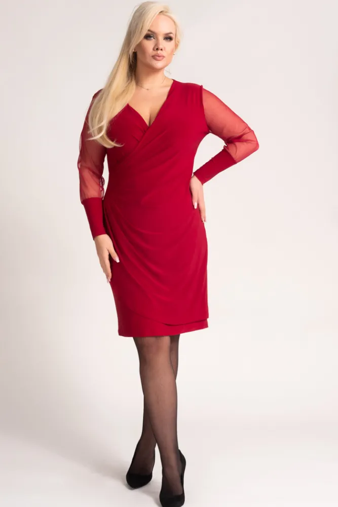 Polski Bordowa Sukienka z przezroczystymi rękawami MESIGO