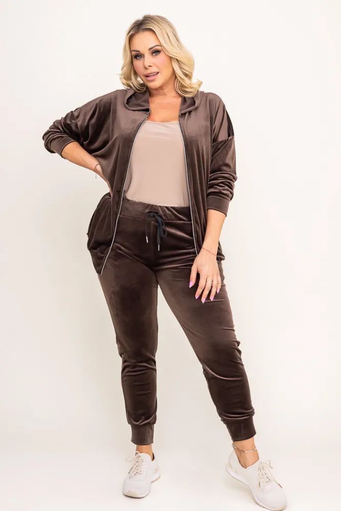 Damskie Włoski Brunatny Komplet Dresowy welurowy KARMENIO