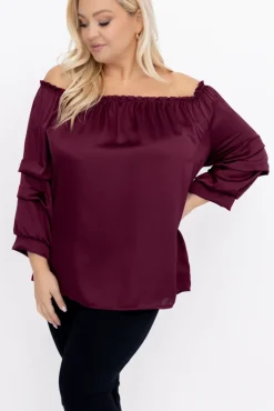 Damskie Włoski Burgundowa Bluzka z marszczonymi rękawami HENDI