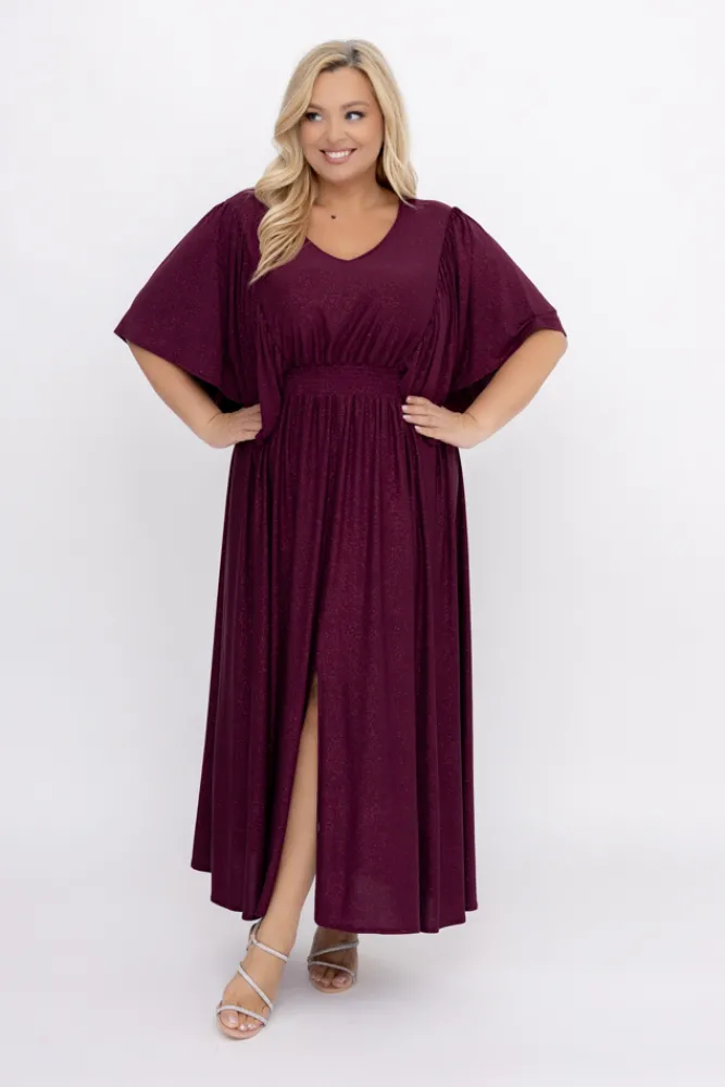 Polski Burgundowa Sukienka brokatowa z marszczeniem SILVINO