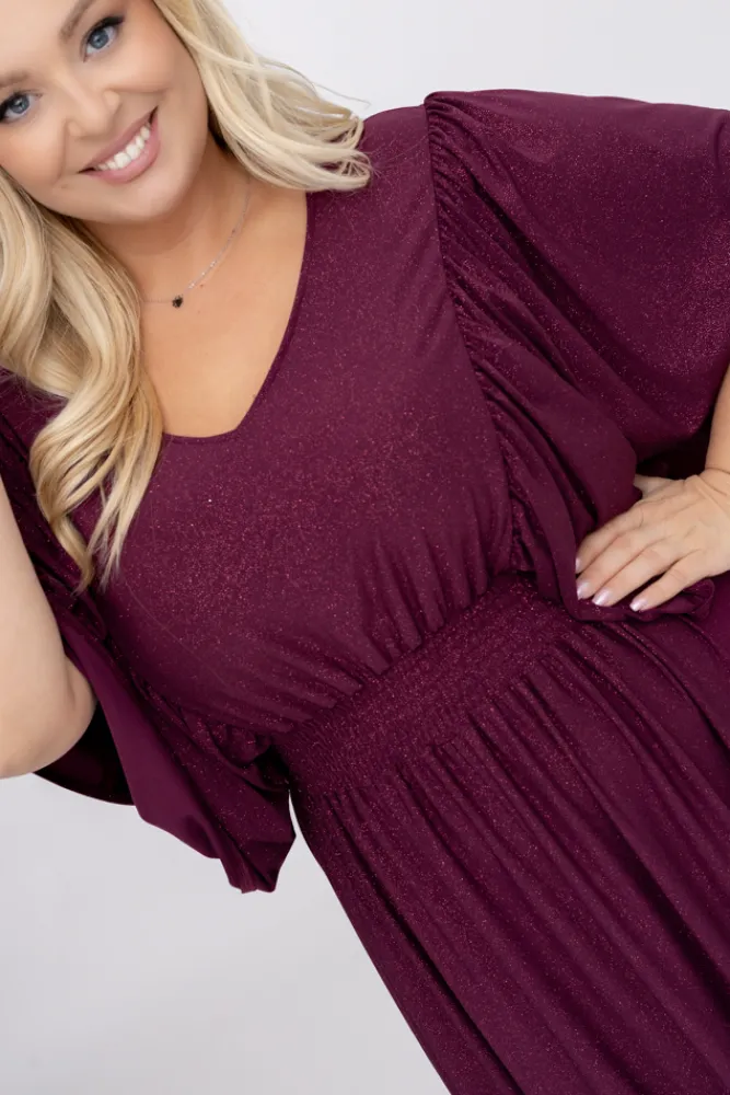 Polski Burgundowa Sukienka brokatowa z marszczeniem SILVINO