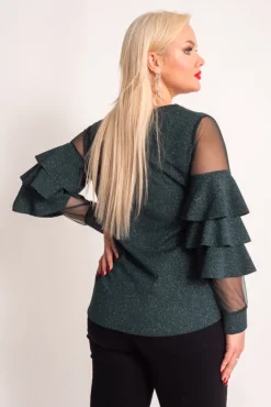 Damskie Włoski Butelkowozielona Bluzka z falbanami VELI