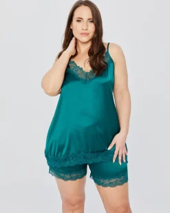 Polski Butelkowozielona Piżama satynowa z szortami SETIA