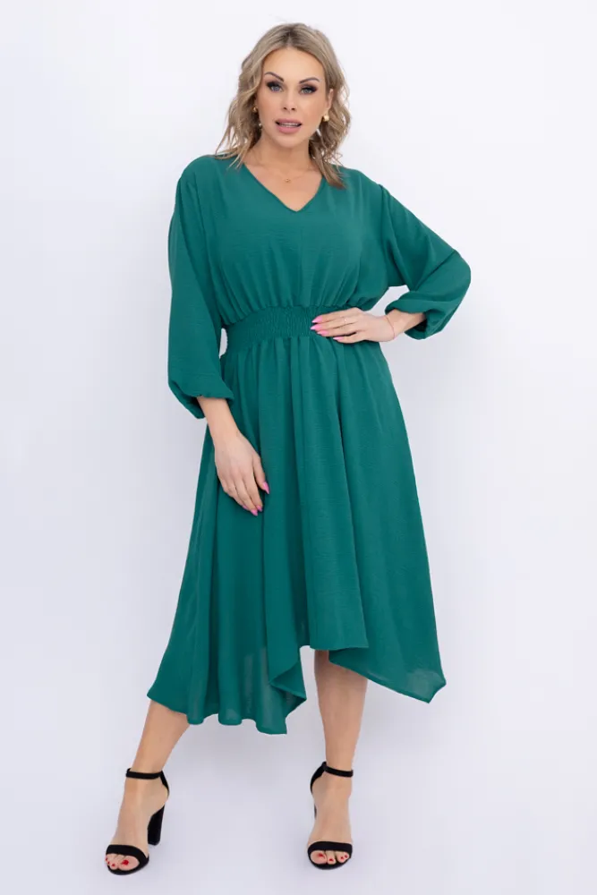 Polski Butelkowozielona Sukienka z marszczeniem MILIO