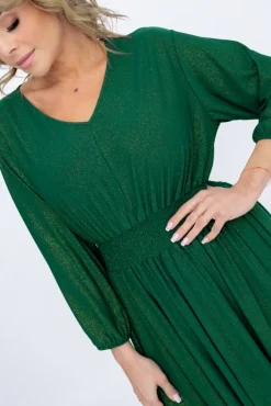 Polski Butelkowozielona Sukienka brokatowa z marszczeniem BAGOZIA