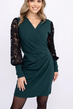 Włoski Butelkowozielona Sukienka z koronkowymi rękawami GOMENA